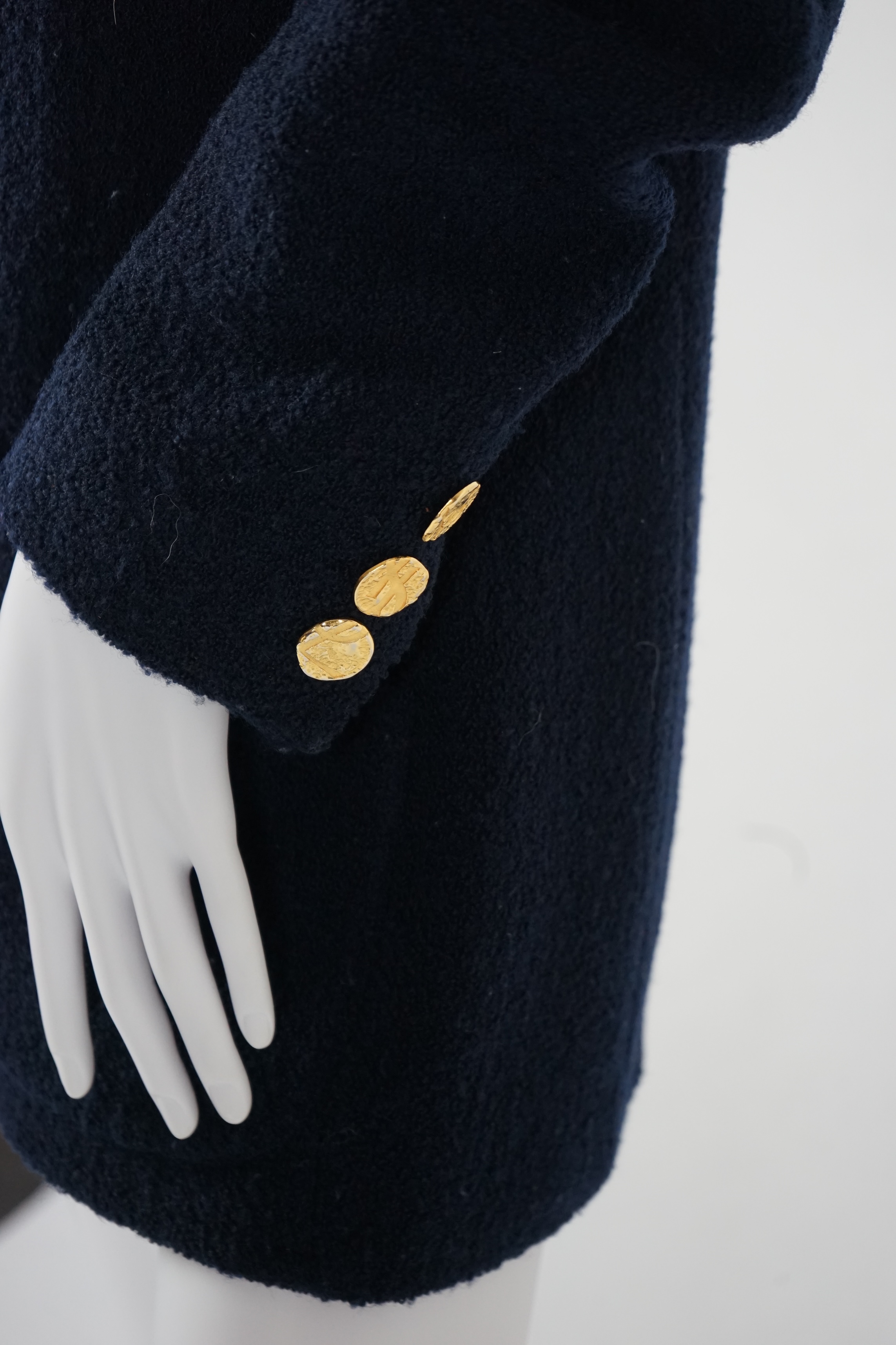 A vintage Yves Saint Laurent variation lady's navy blue wool textured blazer, F 40 (UK 12). Proceeds to Happy Paws Puppy Rescue